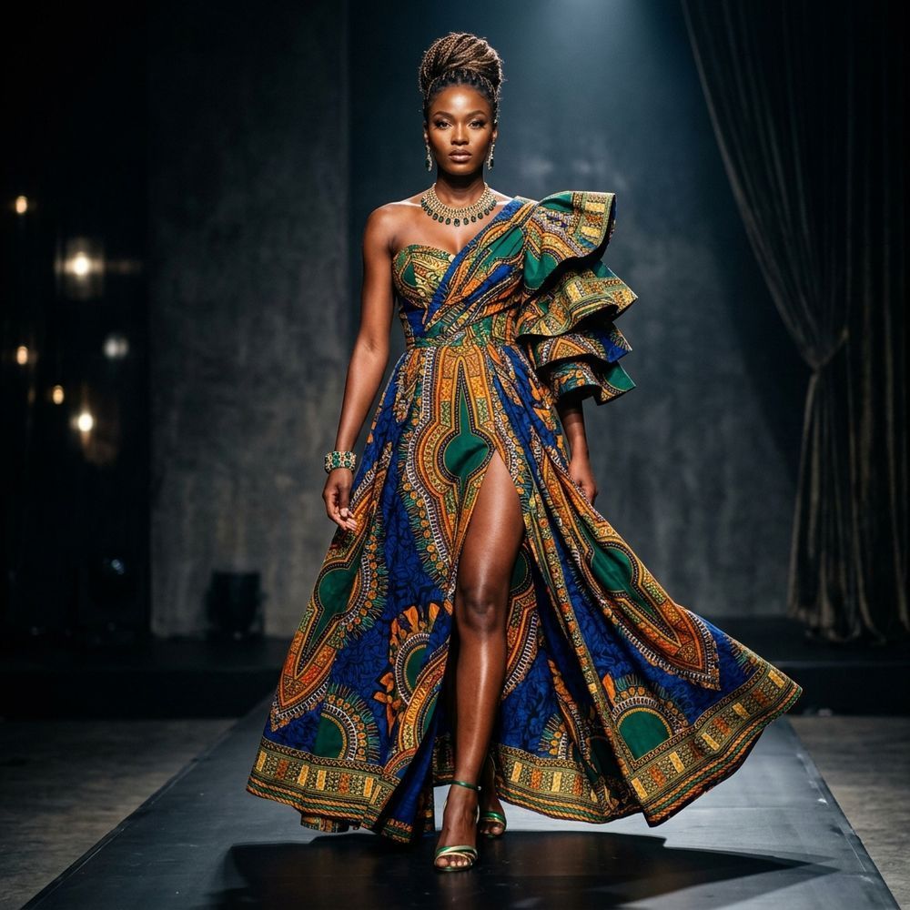 Mannequin en imprimé africain contemporain, studio sombre