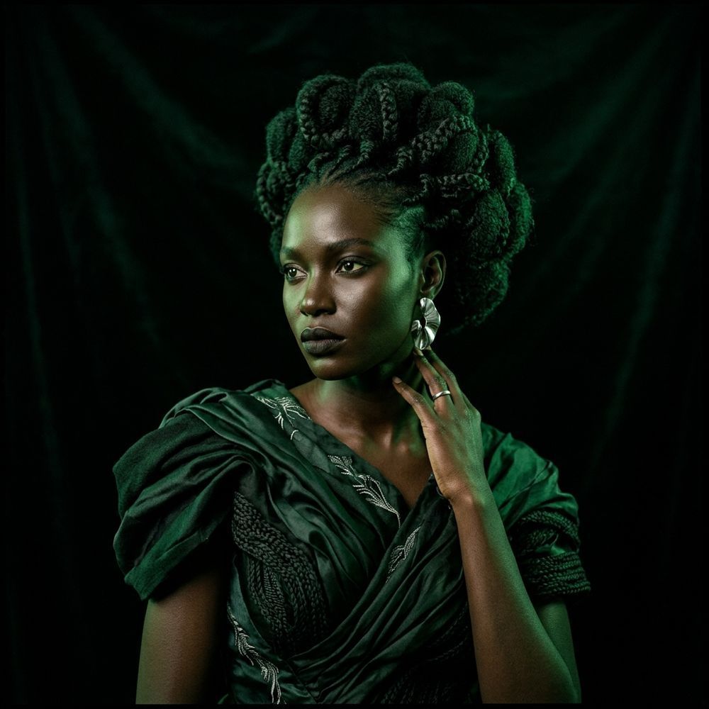 Mode féminine éditoriale, lumière verte d'ambiance